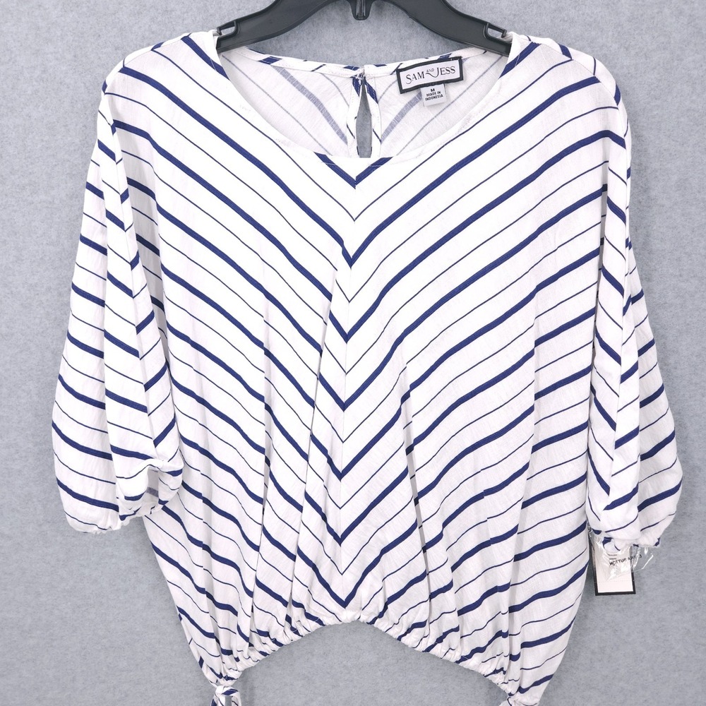 Sam & Jess Striped Boat Neck Short Sleeve Navy White Tie Blouse Womens Size M